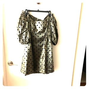 Off shoulder metallic dress w velvet polka dots